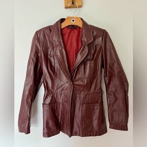 Vintage 70s Red Maroon Leather Retro Fitted Blazer Jacket Burgundy